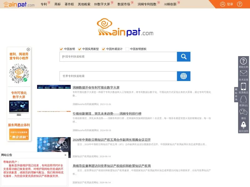 RainPat专利检索的网站截图